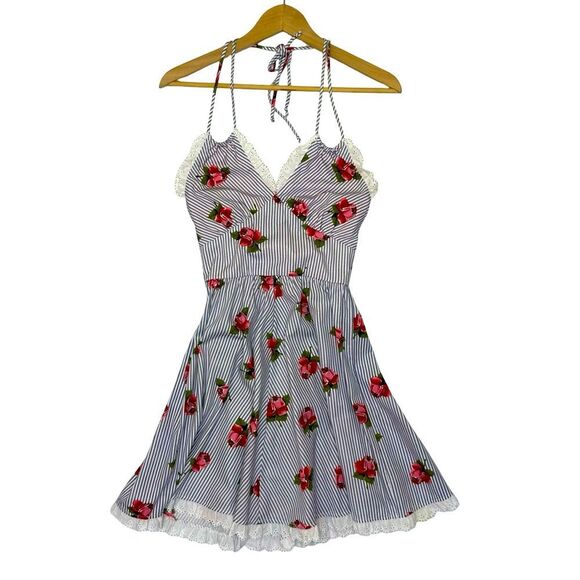 DENISE ARE HERE! Vintage Blue & White Striped Mini Dress Size 5/6 - Picture 6 of 12